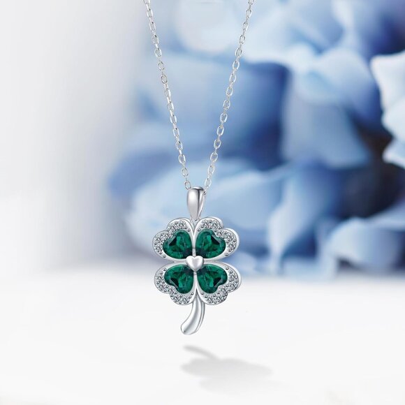 Sterling Silver Four Leaf Clover Necklace with Cubic Zirconia for Women - Lucky - Picture 2 of 6
